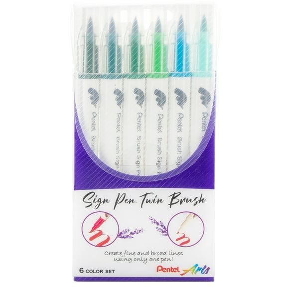 Pentel Arts Sign Pen Twin Brush 6/Pkg-Green Hues