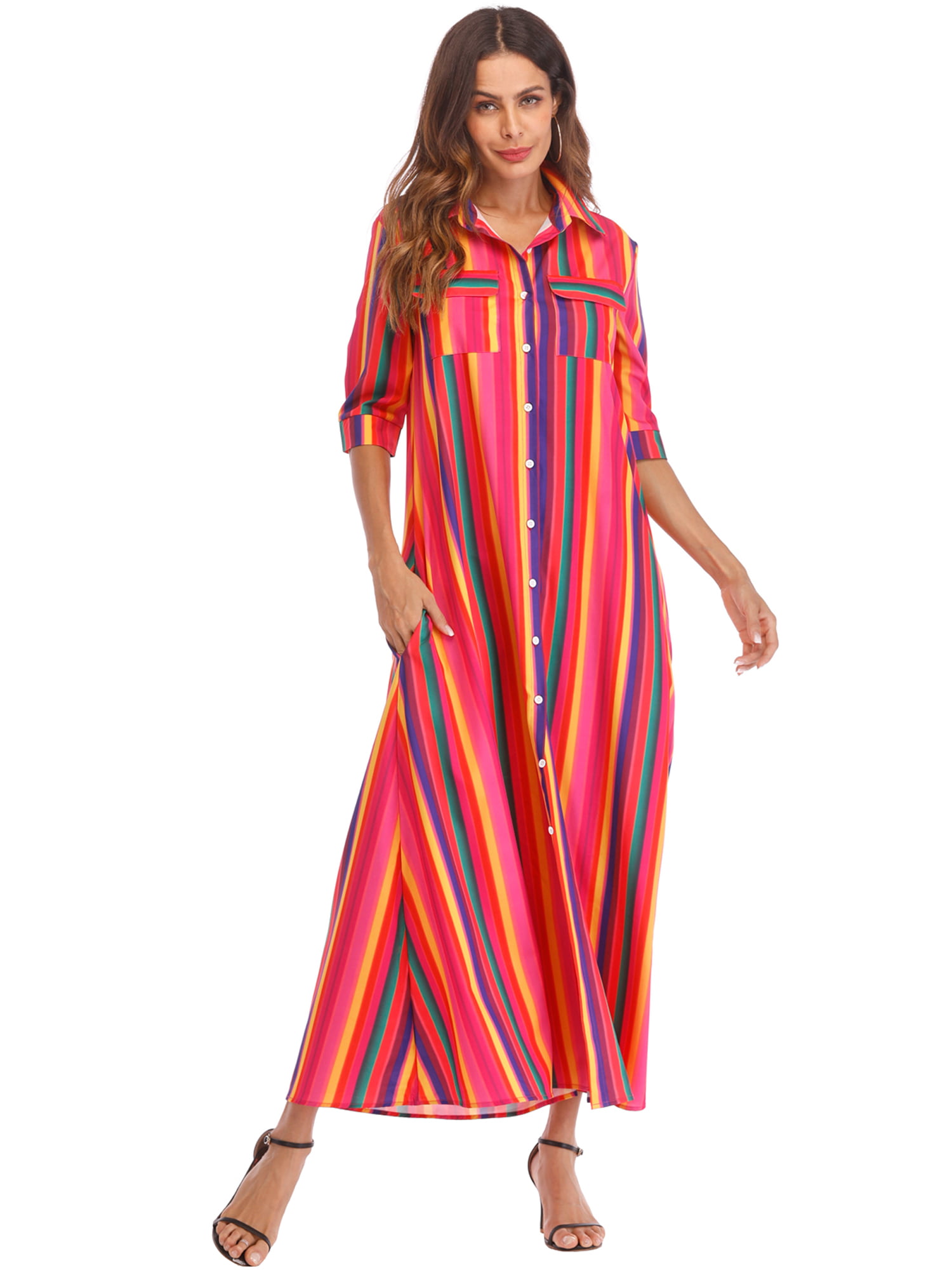Casual Maxi Dress for Women,Rainbow Button Down Roll up Sleeve Long Dress,Stripes Print Loose Long Maxi Dresses with Pockets 
