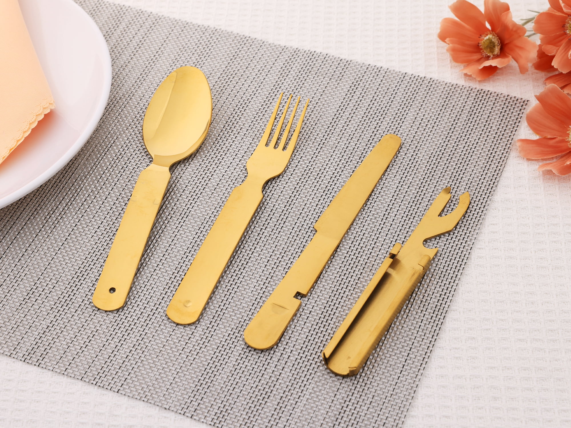 Unique Bargains Stainless Steel Flatware Set with Forks and Spoons Gold 4 Pcs