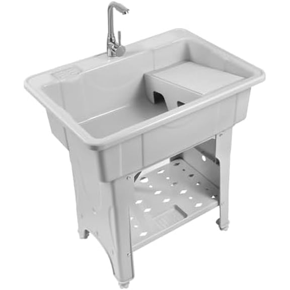 Utility Sink, Freestanding Plastic Laundry Sink Utility Sink Laundry Tub with Stainless Steel Faucet & Washboard Indoor Outdoor for Washing Room Garage Basement (31.5"×31"×22.1")