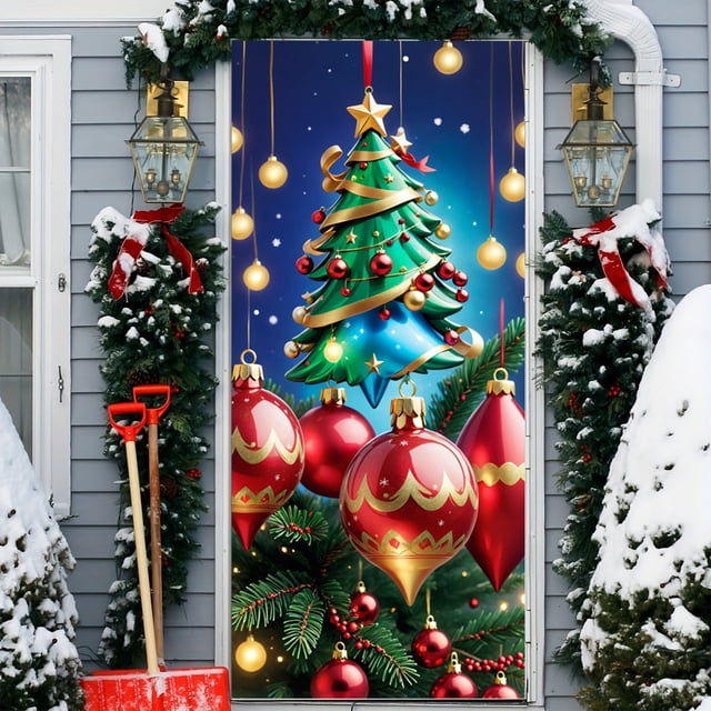 Linnome Christmas Door Decoration Kit - Santa Claus Themed Hanging Cloth with Border Stickers for Festive Entryways
