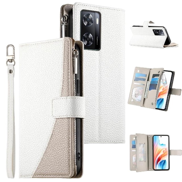 Funda cartera GANGXUN para OPPO A57 4G/A77 4G , cuero PU con tarjetero, cremallera, correa de mano, soporte y protección 441°