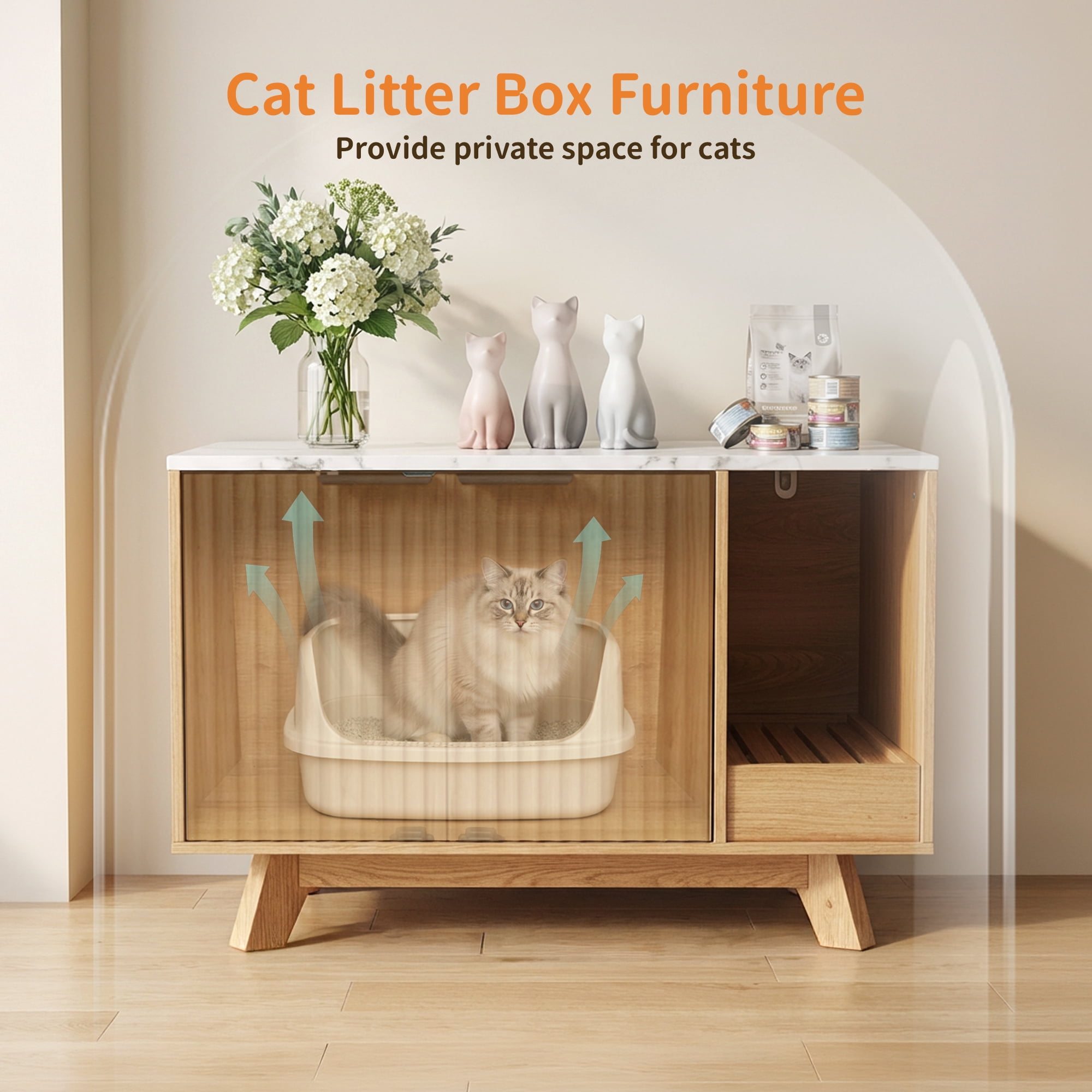 YDN Modern Litter Box Enclosure for Cats- 31.5" Indoors Hidden Cat Litter Box Furniture for 2 Cats, Wooden Cats Washroom Side Cabinet with Scratching Pad for Most Cat Litter Box,Nature
