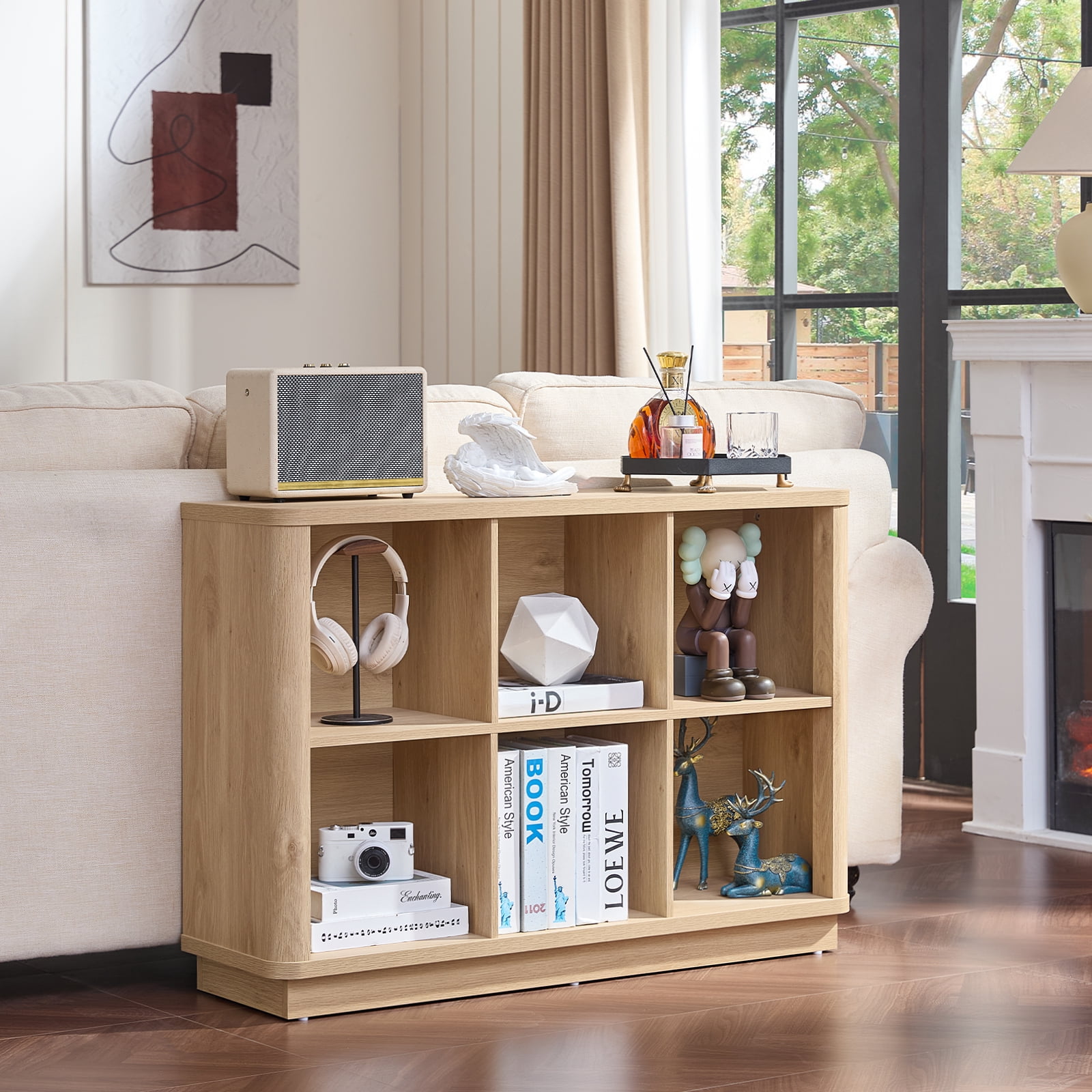 6 Cube Storage Book Shelf, 40.5" Wide Wood Cube Storage Organizer, Wooden 2 Tiers Floor Standing Low Bookcase for Living Room, Home Office, Kids Room