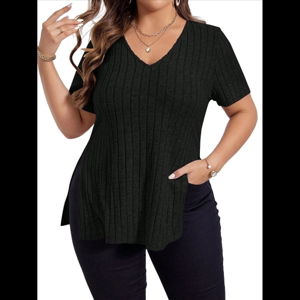 Blusas de Talla Grande para Mujer, Informales, con Cuello en V, Corta y Dobladillo Dividido, para Verano. Negro 4XL