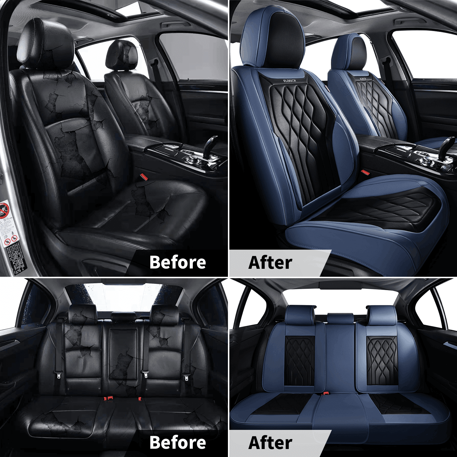 FLORICH Car Seat Covers Full Set, Waterproof Faux Leather Seat Protectors, Automotive Interior Cushions Universal Fit for Most Cars Suv Trucks, Black & Blue