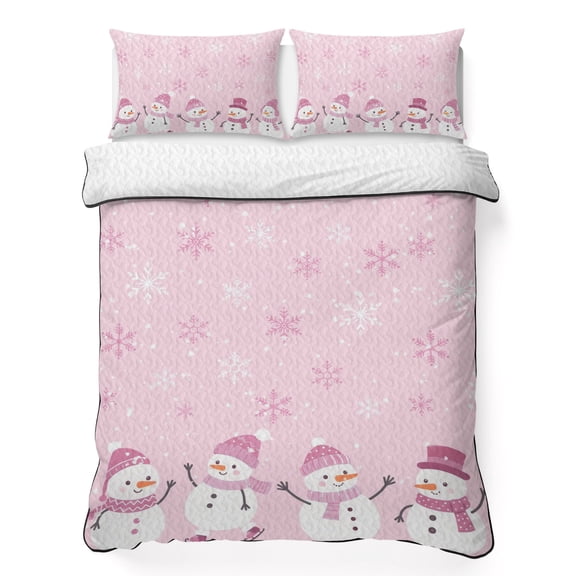 Quilts Queen Size Bedding Set, Pink Snowman Christmas Lightweight Quilted Comforter, Xmas Snowflake Winter Snowman Soft Reversible Bedspread Coverlet with Pillow Covers for All Season, 90" x 96"