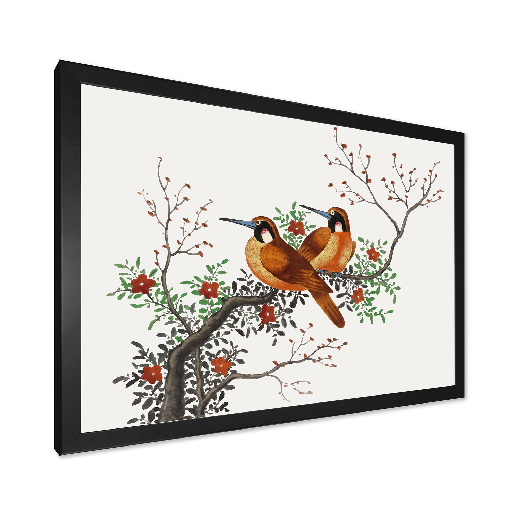 A Flowering Tree Branch With Two Chinese Birds 40 in x 30 in Framed Painting Canvas Art Print, by Designart