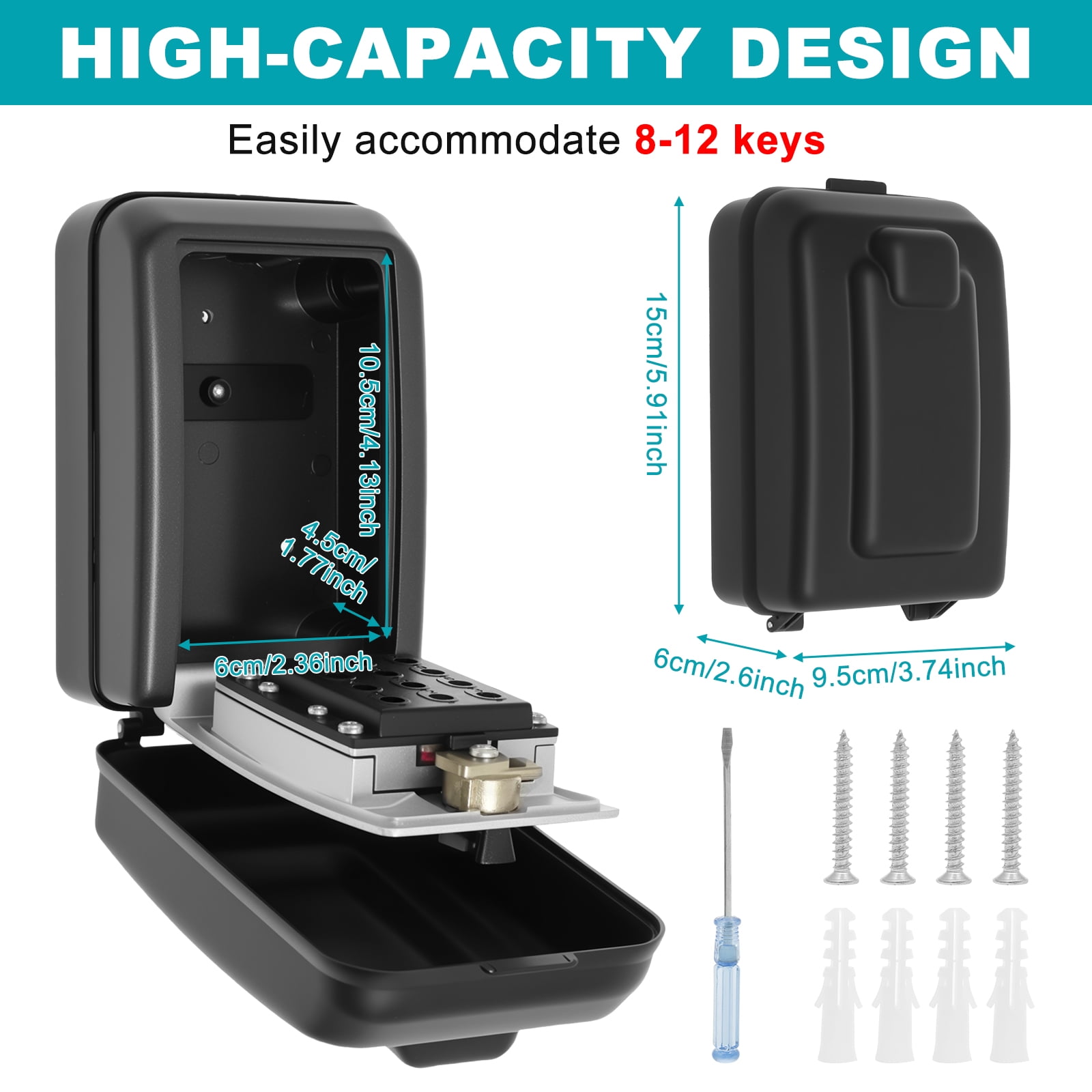 Key Lock Box Wall Mounted Key Storage Box Outdoor Security Lockbox for Key 12 Digit Combination Code Large Capacity & Waterproof Key Lock Box for Home, Office, Garage