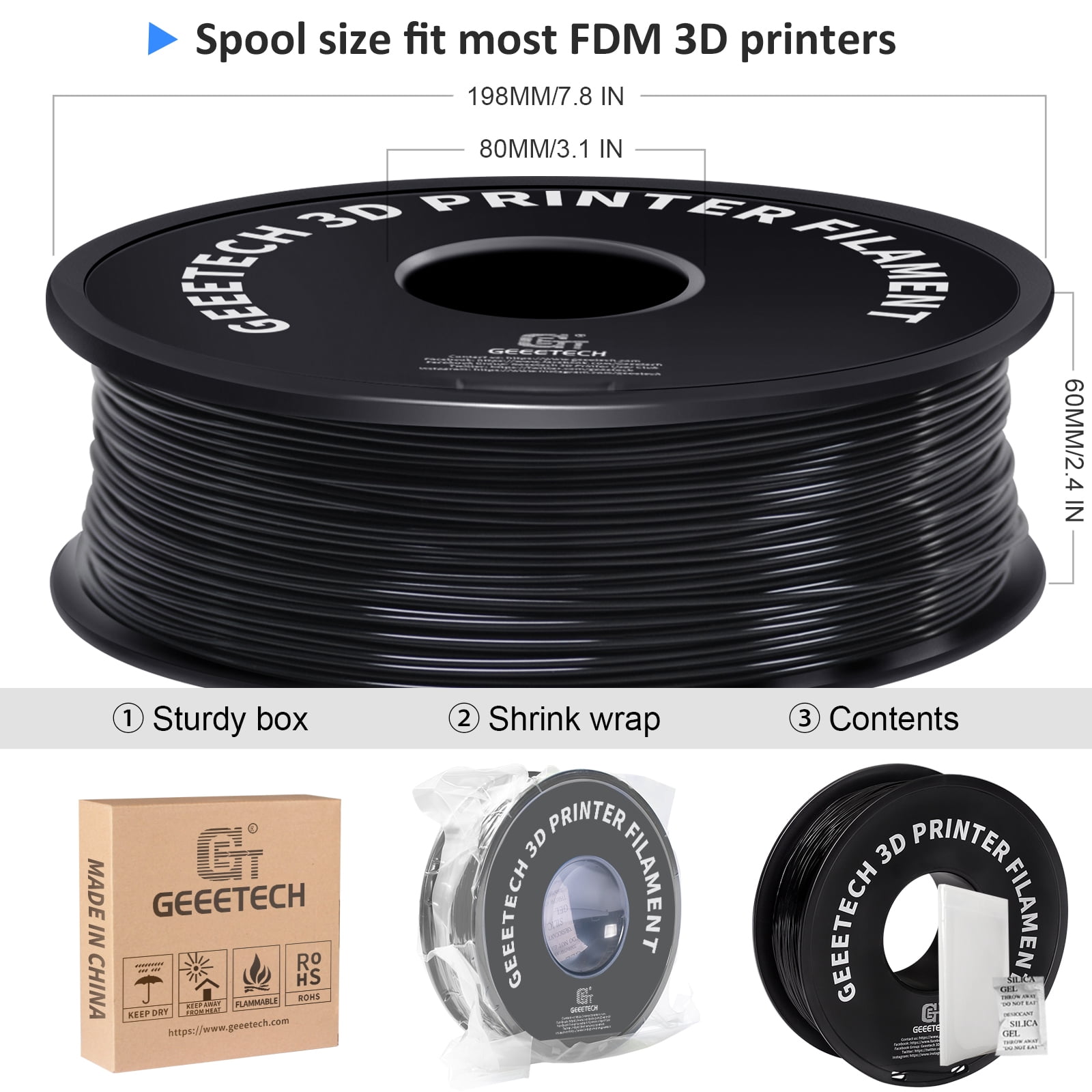 Geeetech TPU 1.75mm Flexible Soft Filament Black, 10kg Spool (22 lbs.), Dimensional Accuracy +/- 0.03 mm