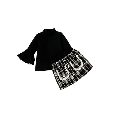 

FINELOOK Toddler Girls Fall Outfits Flare Sleeve Mock Neck Tops Mini Tweed Skirt Set Black 3-4 Years