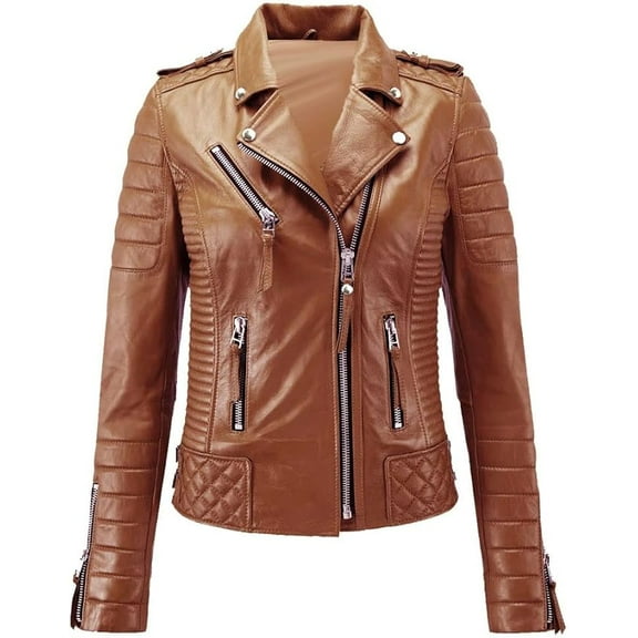 NEW HOT Women Lambskin Real Leather Jacket Motorcycle Quilted Slim Fit Brown Coat W192