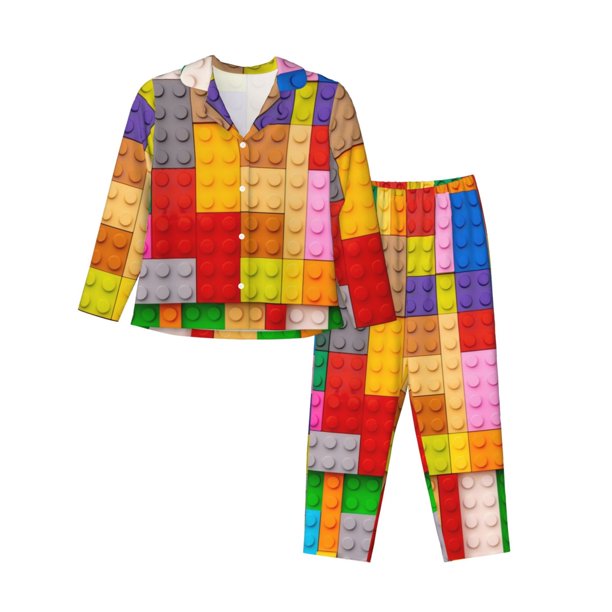 Fotbe Colorful Plastic Blocks Pattern Conjunto de Pijama de Manga Larga para Mujer con Estampado, Ropa de Dormir de 2 Piezas, Conjunto de Casa Suave y Cómodo con Bolsillos-XX-Large