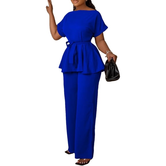 Women's 2 Piece Outfits Short Sleeve Peplum Top & Flared Pants Set Business Pantsuits
