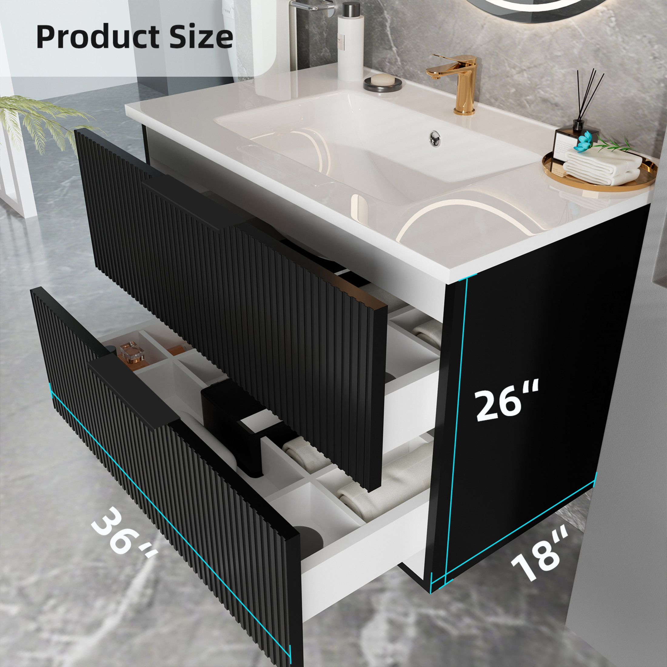 Noble House 36" Wall Mounted Floating Bathroom Vanity with Sink, 2 Drawers, Modern Cabinet, Matte Black