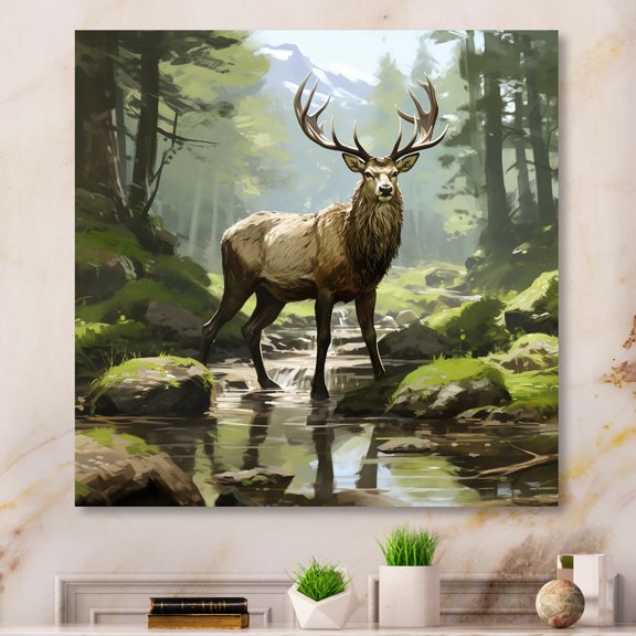 Designart "Noble Buck Portrait" Animals Wall Art - Modern Brown Deer Living Room Canvas Art
