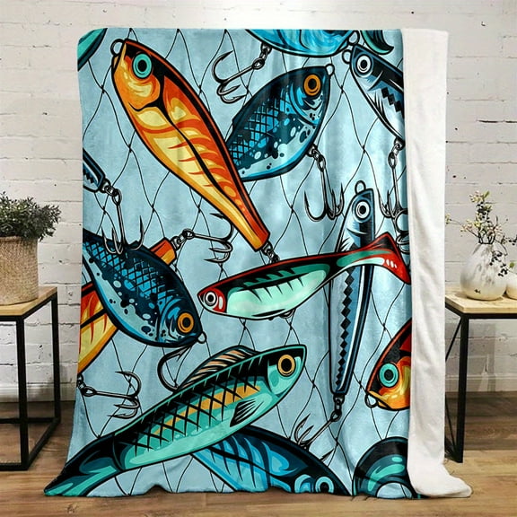 200-250gsm Lightweight and Soft 100% Polyester Reversible Contemporary Cartoon Fish Lure Print Flannel Blanket - Non-Woven, All-Season Throw with Digital Printing, Ideal for Outdoor Fishing Themes
