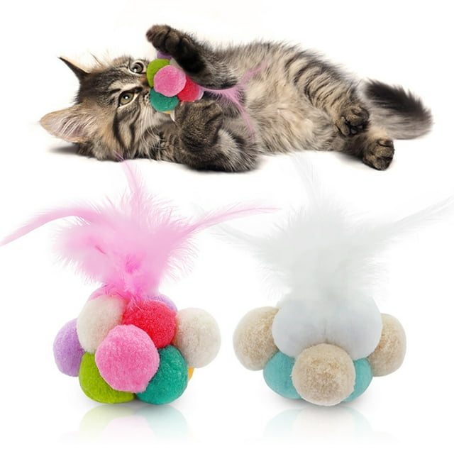2PCS Cat Ball Toy Interactive Bell Cat Pompom Toy Cat Feather Toy Cat Play Ball