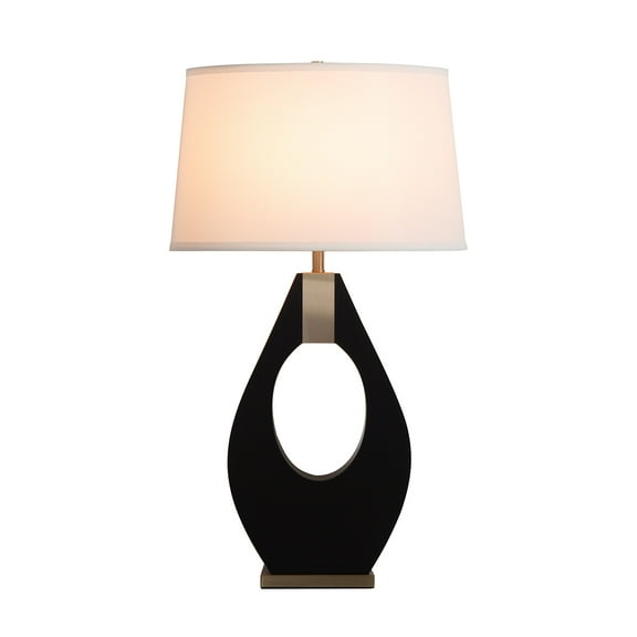 Pearson Table Lamp - Ebony Wood Weathered Brass White Cotton-Linen Shade