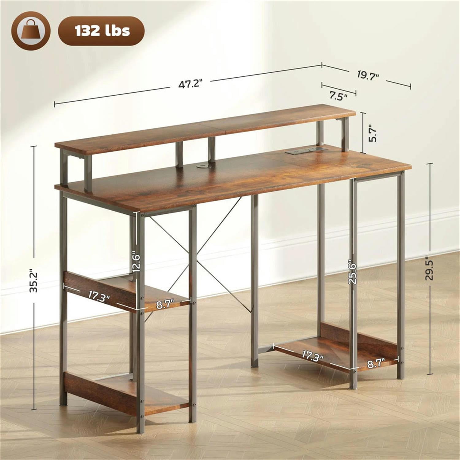 Demi Bonn 47" Reversible Office Desk with LED Lights and Power Outlets, Home Computer Desk for Living Room, Office, Study Table PC Desks, Brown