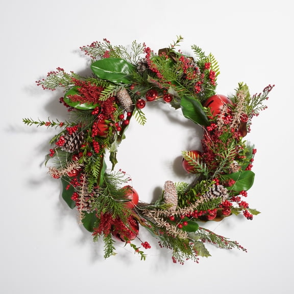 SAFAVIEH Faux 30 Inch Myrtle Led Wreath W/ Red Bells, Green/Red
