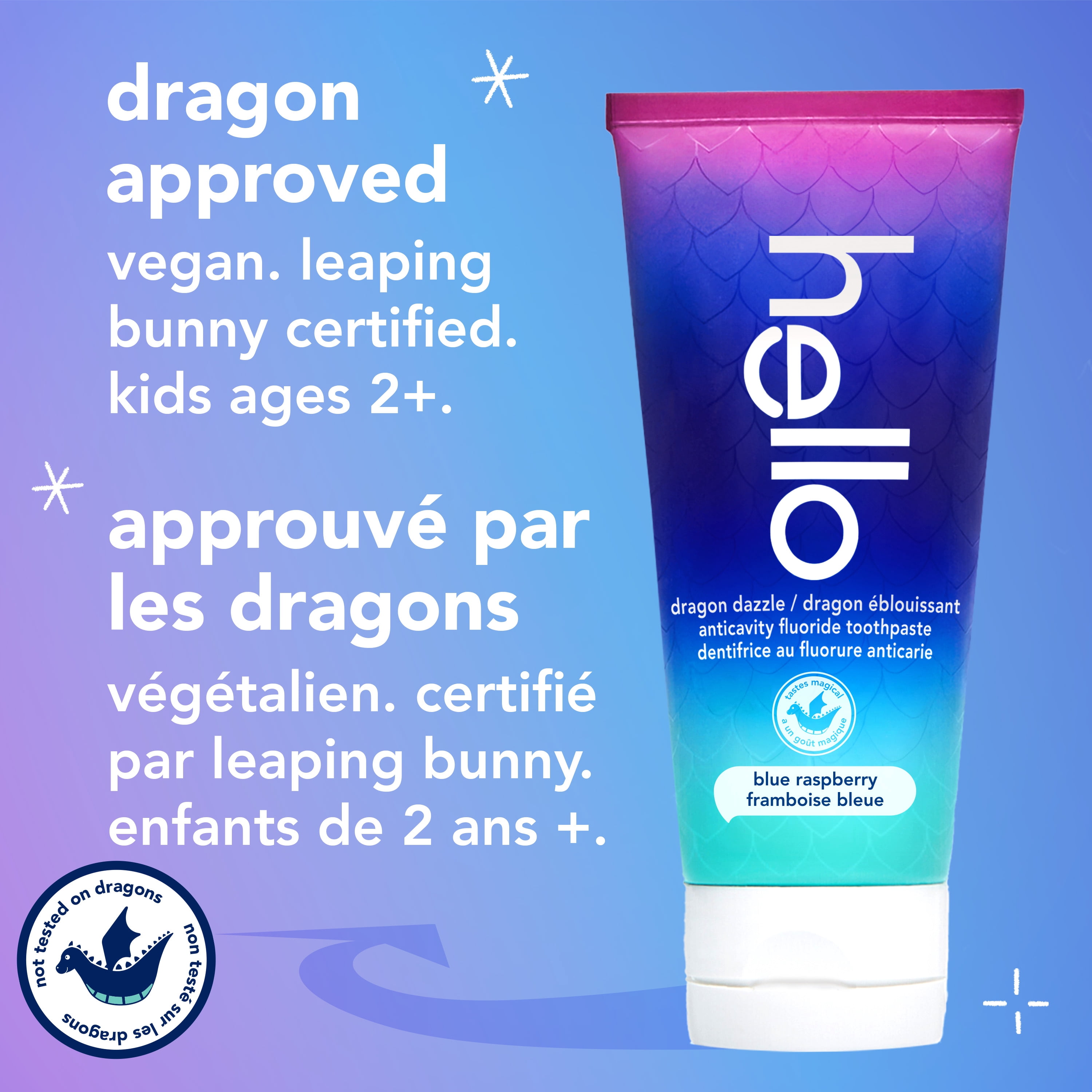 Dentifrice pour enfants Hello Dragon Dazzle au fluorure, dentifrice à la framboise bleue, tube de 199 g