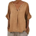thumbnail image 2 of Pxiakgy Linen Shirts for Women Mid Sleeve Cotton Linen Solid Color Door Bottle V Neck Shirt Mid Sleeve T Shirt Summer Loose Fit Short Sleeve Button Down Shirts for Women, 2 of 5