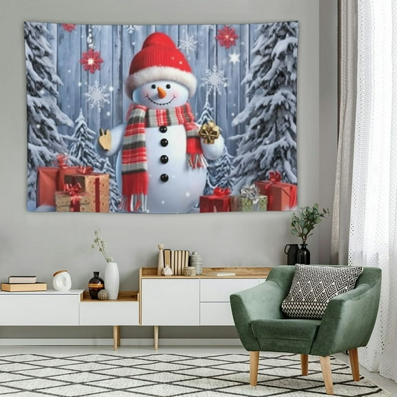Fenyluxe  Christmas Snowman Tapestry Wall Hanging, Cute Snowman with Red Silver Xmas Ball on Grey Board Background Tapestry, Winter Snowflake Tapestry for Living Room Bedroom Decor 60x40 Inch 60x40in
