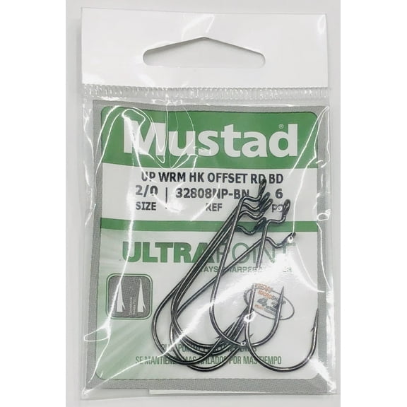 Mustad Big Bite Worm Hook Size 2/0 Black Nickel 6pc for Freshwater Fishing