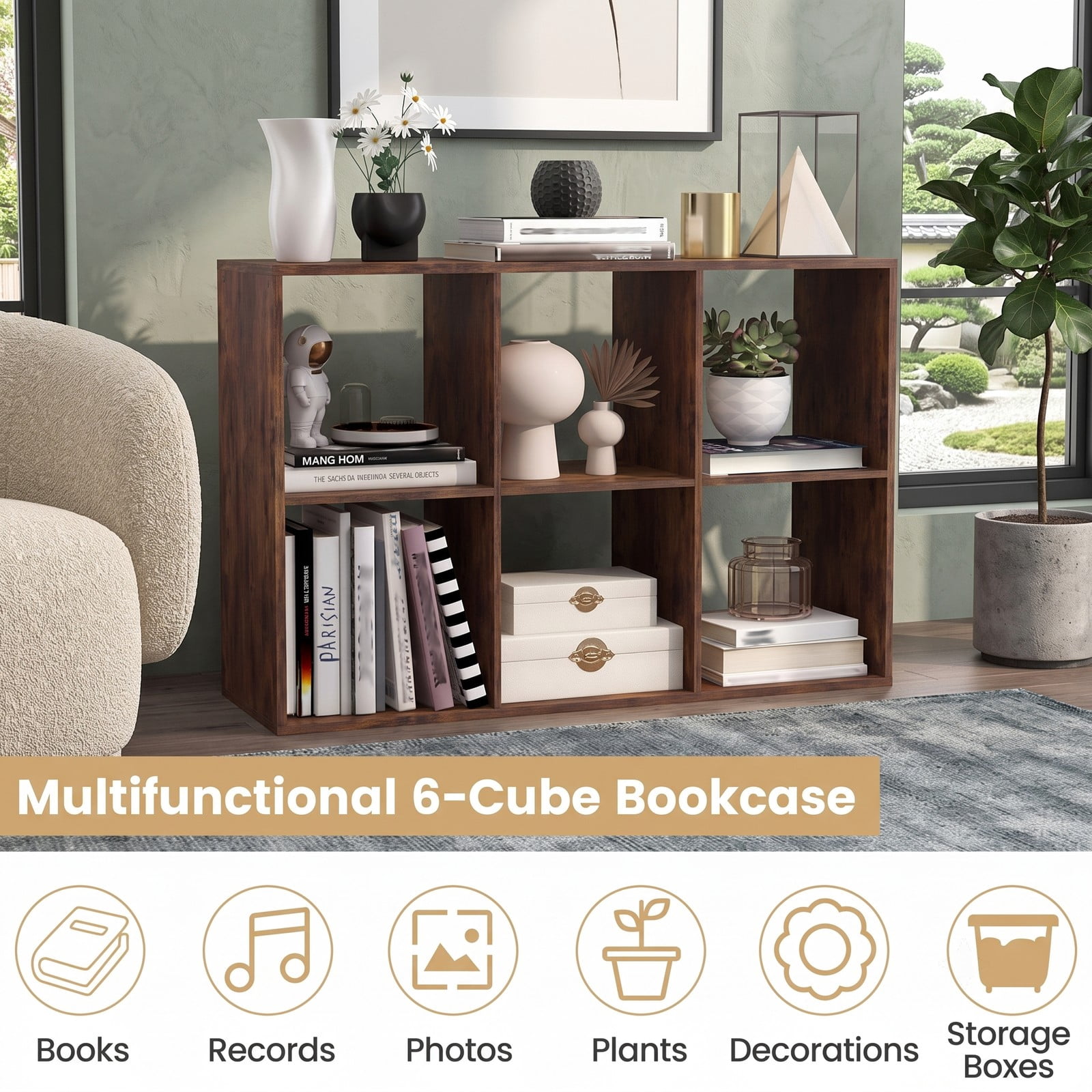 Furnibear 6 Cube Bookshelf, Rustic Brown Wood Cube Storage Organizer with Back Guardrail and Anti-Tip Kit, Freestanding Bookcase for Living Room Bedroom, Rustic Brown