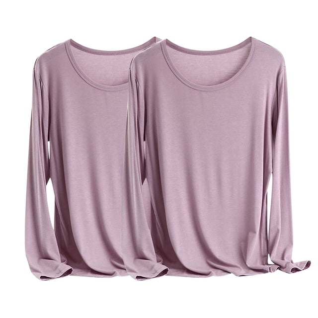 MeetoTime 2 Pcs Hauts à Manches Longues pour Femmes Basique Col Rond T-Shirt Doux Grande Taille T-Shirts Confortables X-6X