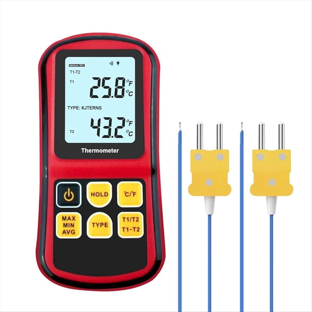 Termómetro de Termopar Digital, Termómetro de Doble Canal con Dos Sondas Tipo K Medidor de Temperatura con Pantalla LCD