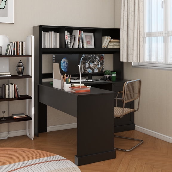 Home Office Computer Desk with Hutch, Antiqued Black finish