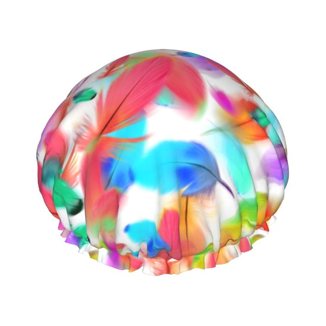 YFYANG Women's Double Waterproof Shower Cap, Colorful Feathers Pattern Reusable Hair Cap for All Hair Styles and Head Sizes
