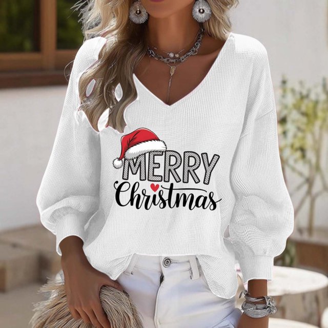 Leodye Haut de Noël pour Femmes Manches 3/4 Col en V Décontracté Imprimé Graphique Ample Blanc P(S)