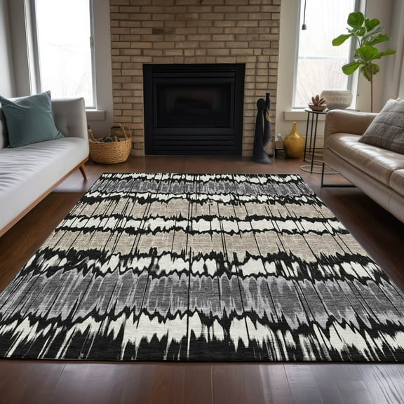 Addison Rugs Chantille Indoor/Outdoor Transitional Stripes Black Washable Rectangle Rug, 5' x 7'6"