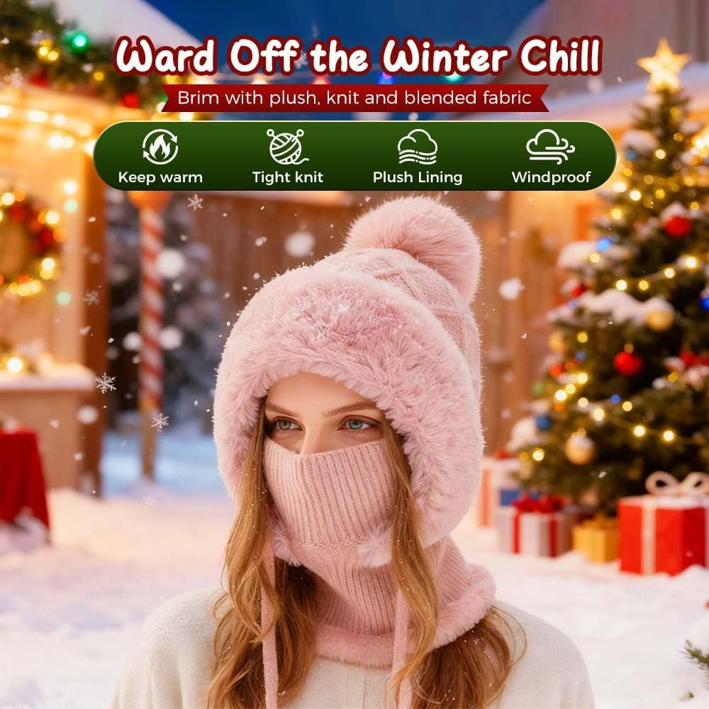 3 in 1 Beanie Hat with Scarf & Mask for Women, Windproof Fleece Thermal Neck Gaiter for Skiing Running Cycling