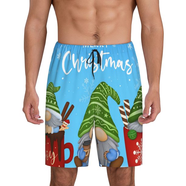 Balery Merry Christmas Gnome Pantalones cortos de pijama de punto de algodón para hombre con cinturilla y bolsillos-4X-Large