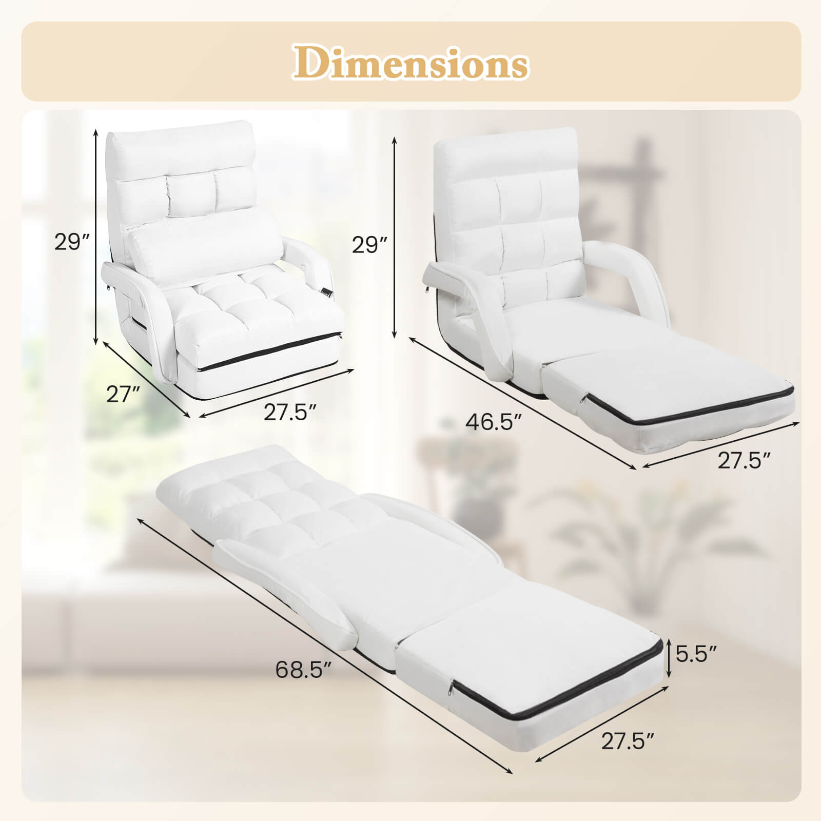 Costway Folding Floor Single Sofa Recliner Chair W/ a Pillow 5 Adjustable Backrest Position Leisure Lounge Couch White
