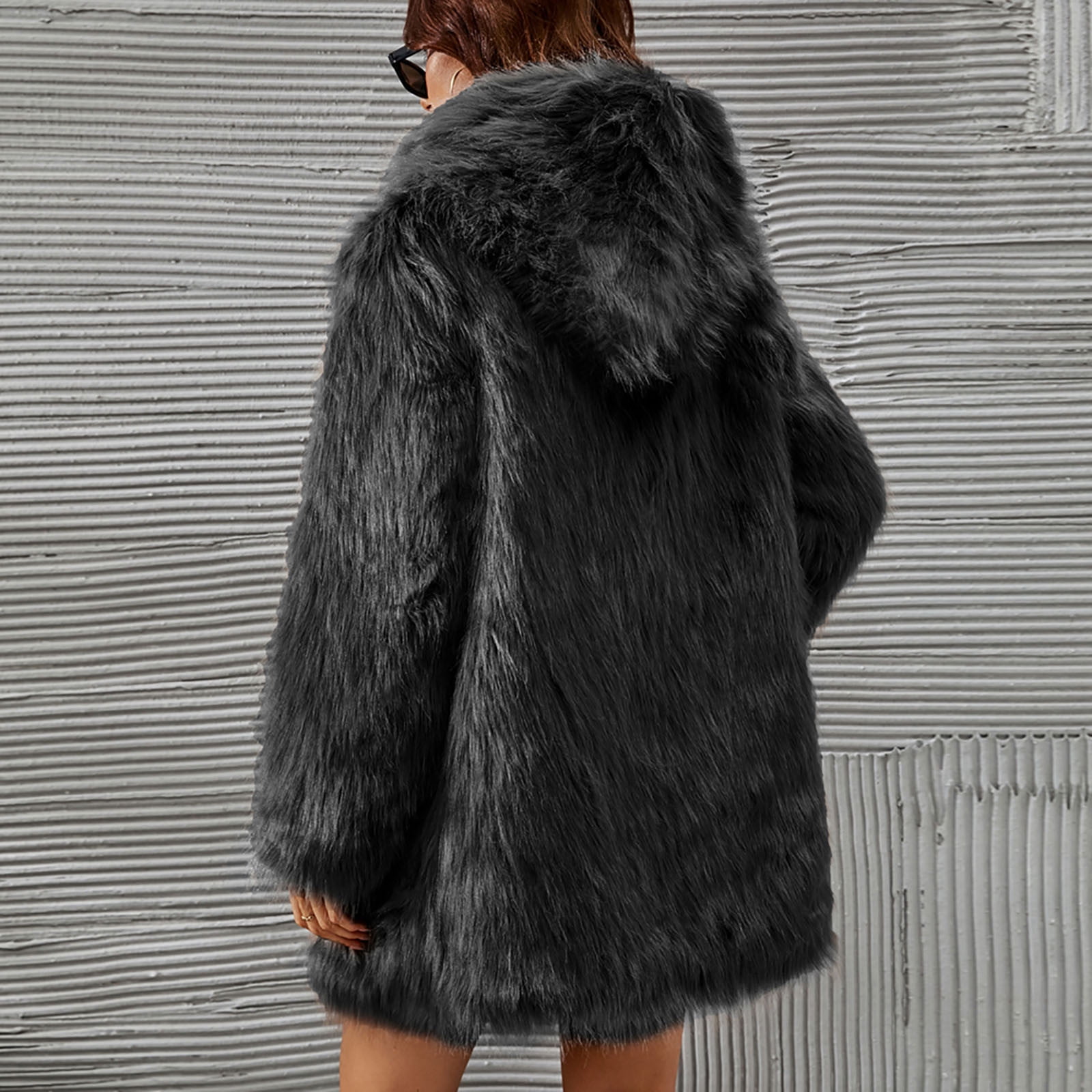 QATAINLAV Faux Fur Jacket for Women Fuzzy Fleece Cute Hoodie Coat Solid Casual Open Front Cardigan Mid Length Winter Coat, Black, M