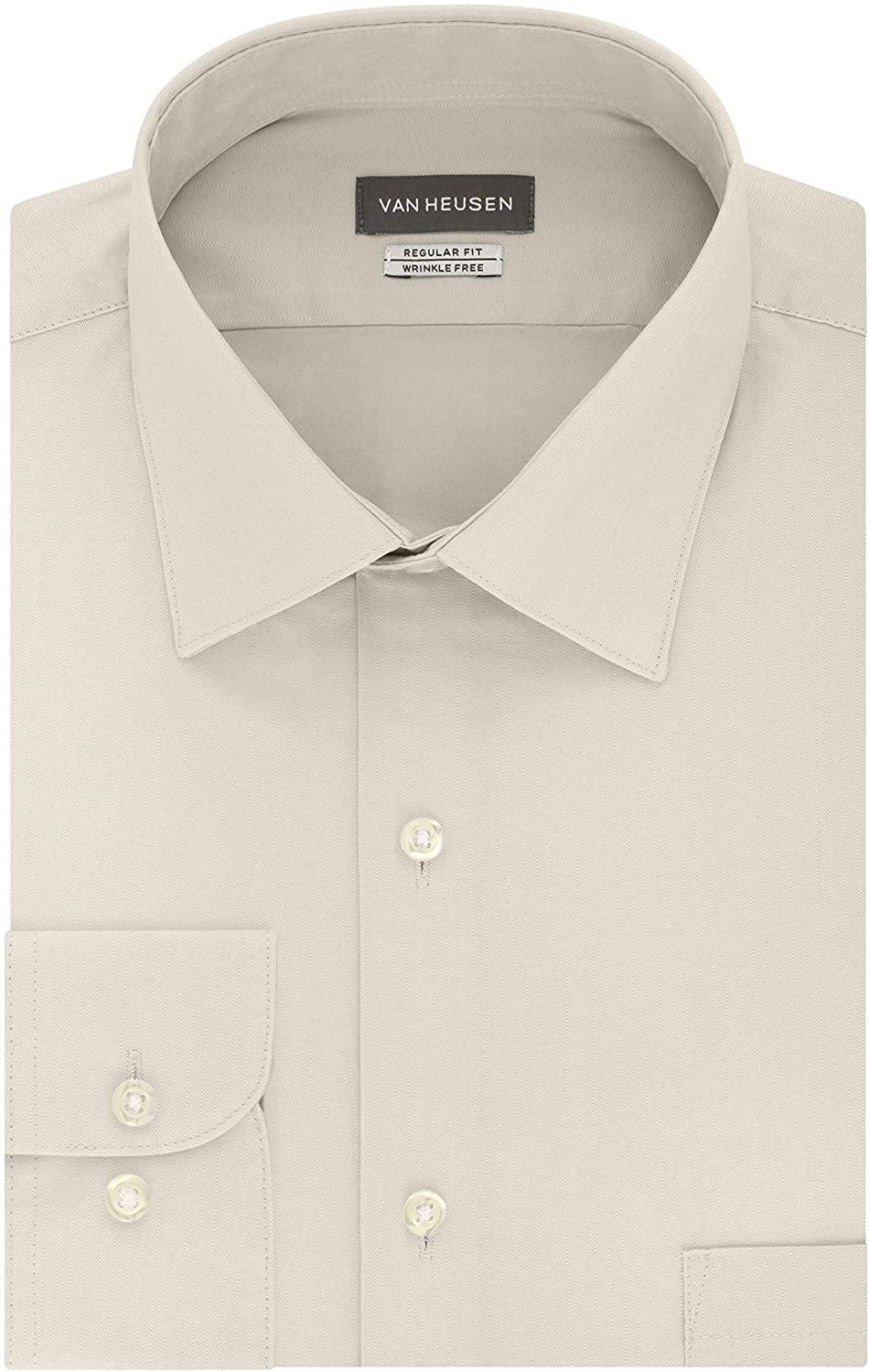 Van Heusen Men's Herringbone Regular Fit Solid Spread Collar Dress Shirt, Khaki, 17.5" Neck 36