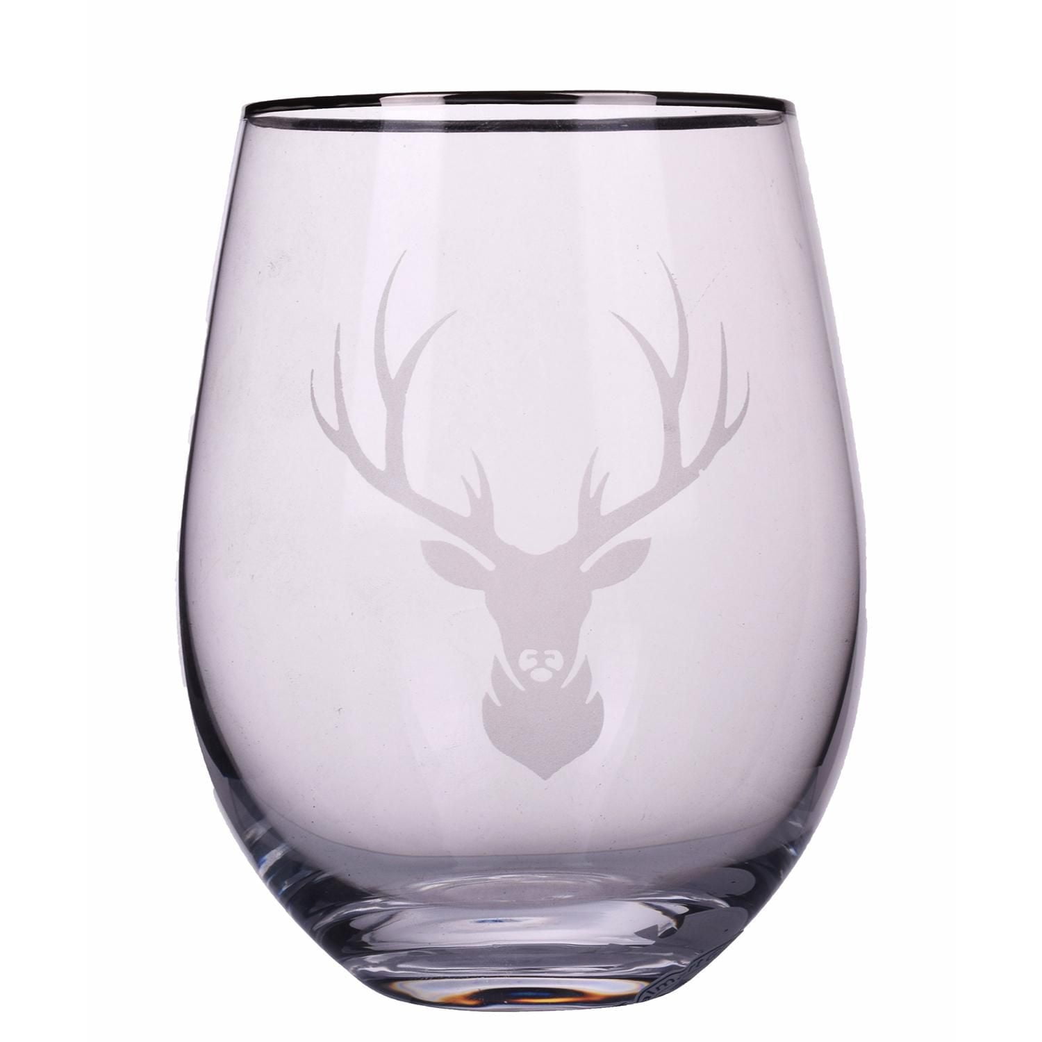Brillant design Clear Stemless Wine Glass/ multi-purpose stemless wine glass- etched reindeer + silver rim