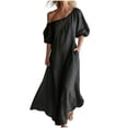 thumbnail image 2 of Karymi One Shoulder Maxi Dress, Casual Off Shoulder Puff Sleeve Solid Flowy Dress with Pockets, Summer Loose Beach Cover-Up Dress Dresses for Women, 2 of 8