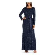 R&M Richards Women's Navy Sequined Zippered Long Sleeve Jewel Neck Full-Length Formal Dress Petites