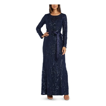 R&M Richards Women's Navy Sequined Zippered Long Sleeve Jewel Neck Full-Length Formal Dress Petites