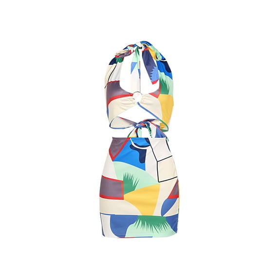 Qmyliery Female Dress, Geometric Pattern Print V-Neck Sleeveless One-Piece Halterneck Sundress for Women, Blue, S/M/L/XL