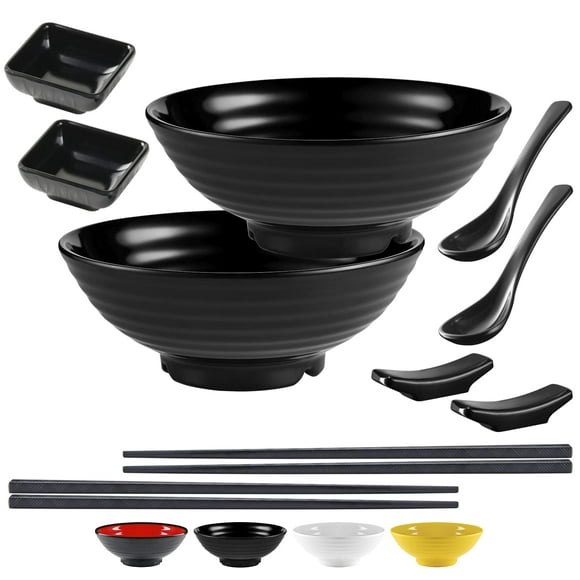 Ensemble de Bols à Ramen Incassables avec Baguettes et Cuillère : 2 Grands Bols à Ramen en Mélamine Style Japonais, Bols à Trempette et Supports à Baguettes pour Soupe Pho Asiatique Miso Udon Wonton (2 Ensembles de Bols, Noir)
