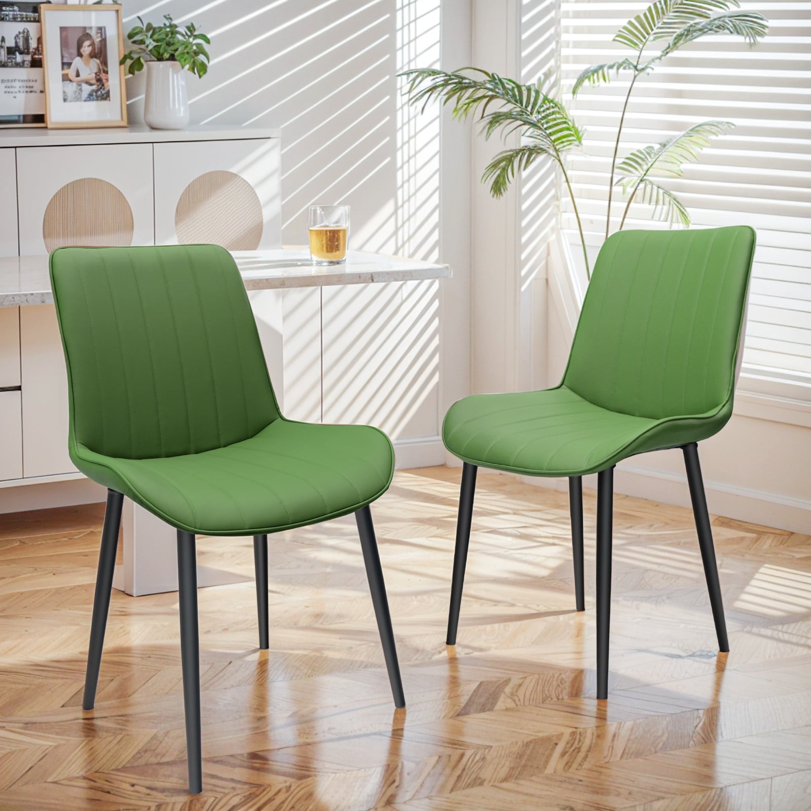 MAYEERTY Olive Green Red PU Leather Dining Chairs with Metal Legs, Wave Pattern Upholstered Armless Chair Set of 4 for Kitchen, Restaurant, Living, Meeting Room