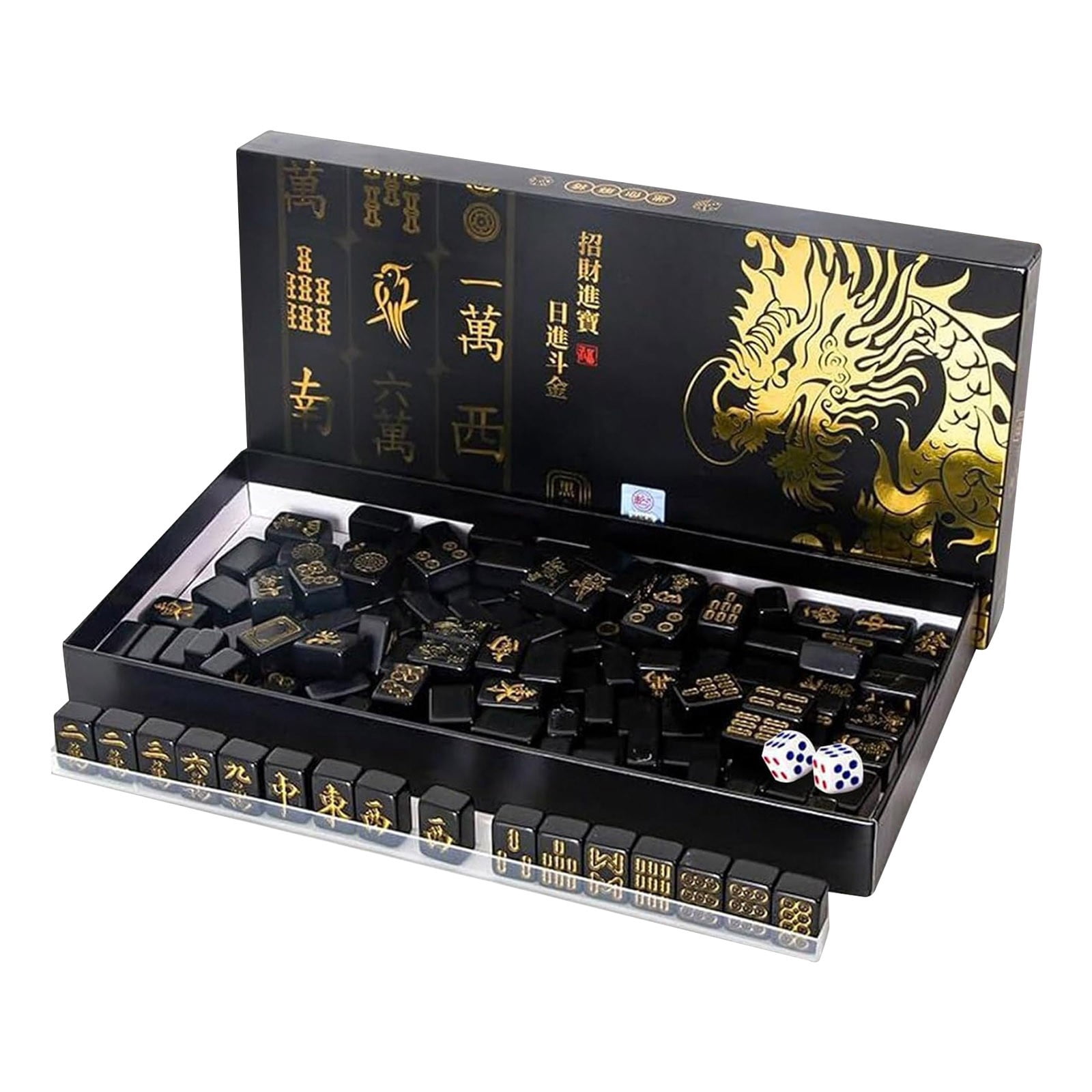 Mahjong Game, Travel Pack 144pcs of Black Golden Mahjong, Includes 2 Dice / 4 Mahjong Fixing Slots, as Holiday Mahjong, Full Size for On-The-Go Fun & Table Games