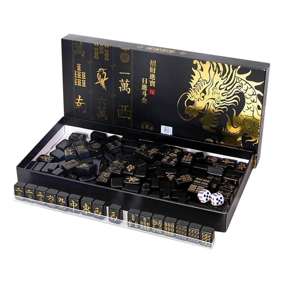Junepar 0.8" Compact Mini Mahjong Tiles Black Melamine Chinese Mahjong Set with Decorative Box for Dorm & Office